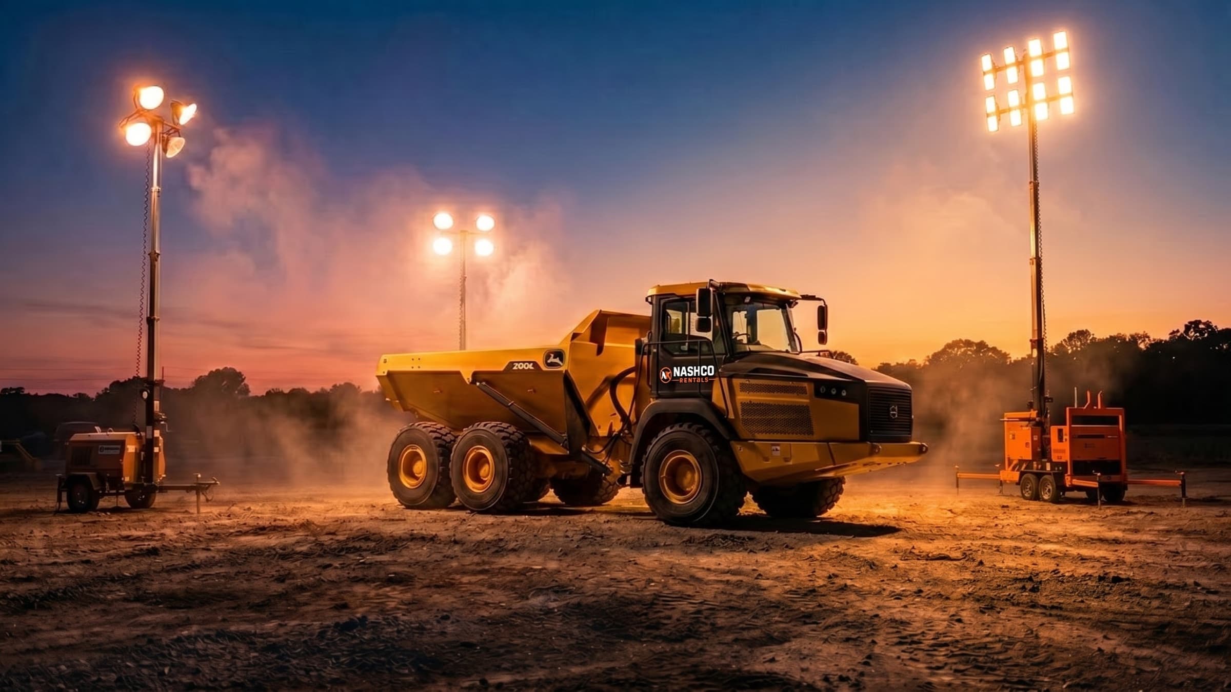 Nashco Rentals fleet at dusk — articulated dump truck with Nashco branding flanked by illuminated diesel light towers on a Texas industrial site