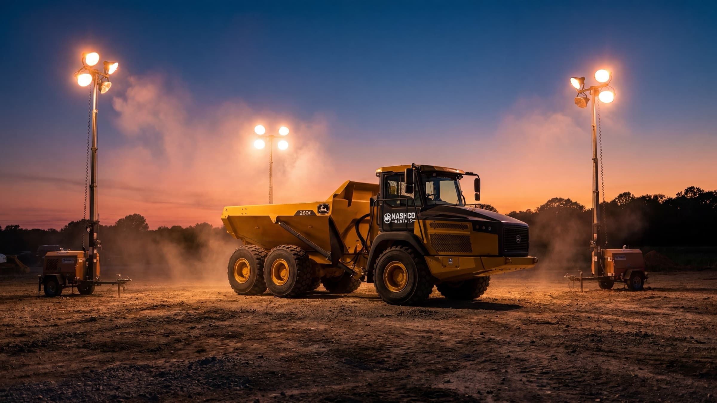 Nashco Rentals fleet at dusk — articulated dump truck with Nashco branding flanked by illuminated diesel light towers on a Texas industrial site